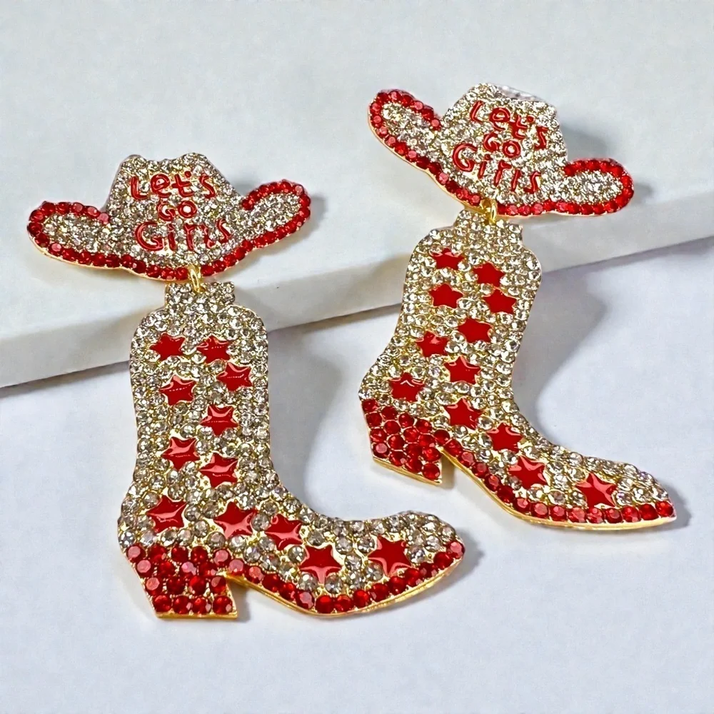 Rhinestone Cowgirl Boot Earrings, Western Rodeo Statement Jewelry, Bachelorette